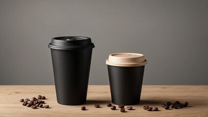 Two black coffee cups with coffee beans on wooden table