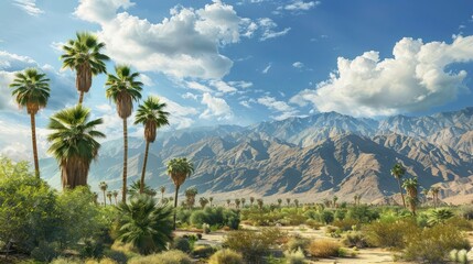 Sticker - A tranquil scene with palm trees and mountains.