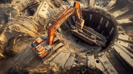 Excavator Working in a Construction Site with a Large Hole in the Ground