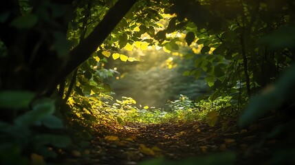 Sticker - Sunlight Filtering Through Dense Foliage in a Forest Clearing