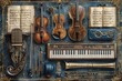 © Rayhanbp - A collection of musical instruments including violins, cellos, and keyboards