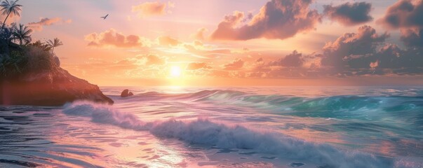 Sticker - Tranquil beach at sunrise, 4K hyperrealistic photo