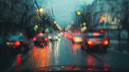 Photo of rainy street through car window appears blurred