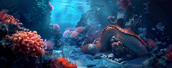 Wall Mural - Mysterious deep-sea creatures in the abyss, 4K hyperrealistic photo