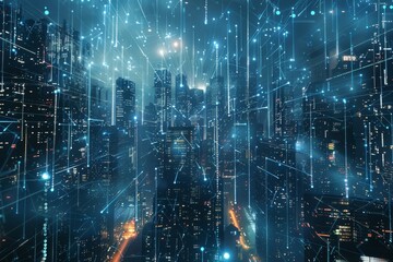 Poster - A stylized city skyline with glowing lights and abstract structures, evoking a sense of urban energy and modernity, Complex network structures resembling a digital cityscape, AI generated