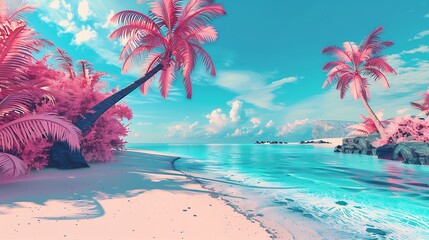 Wall Mural - there is a pink beach with palm trees and a blue ocean