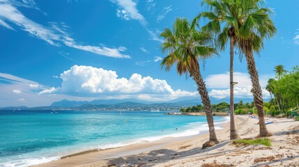 Sticker - A stunning beach scene with crystal-clear water and swaying palm trees.