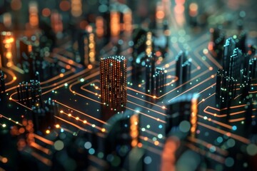 Fototapete - A stylized city skyline with glowing lights and abstract structures, evoking a sense of urban energy and modernity, Complex network structures resembling a digital cityscape, AI generated