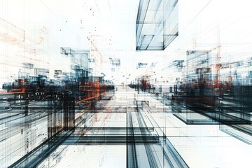 Poster - An artistic representation of a city at night, showcasing bright lights and abstract buildings in a captivating arrangement, Complex network structures resembling a digital cityscape, AI generated