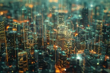 Poster - An artistic representation of a city at night, showcasing bright lights and abstract buildings in a captivating arrangement, Complex network structures resembling a digital cityscape, AI generated