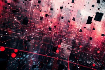 Poster - An artistic representation of a city at night, showcasing bright lights and abstract buildings in a captivating arrangement, Complex network structures resembling a digital cityscape, AI generated