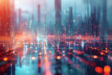 Poster - A colorful abstract depiction of a cityscape, highlighting illuminated buildings and a lively interplay of lights, Complex network structures resembling a digital cityscape, AI generated
