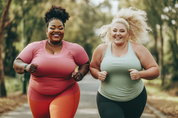 Two oversized women enjoy a refreshing jog together in a picturesque park during autumn. Surrounded by colorful foliage and crisp air,