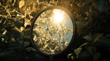 Sticker - A Sunlit View Through a Round Framed Mirror in the Woods