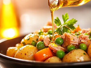 A vibrant serving of ensaladilla rusa, a Spanish potato salad with tuna, peas, and carrots, served in a small bowl with a sprig of parsley and a drizzle of olive oil