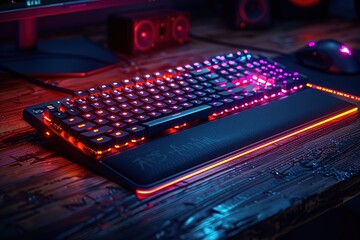 Poster - A neon keyboard with a red and orange background