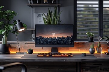 Poster - A computer desk with a monitor, keyboard, mouse, and a potted plant