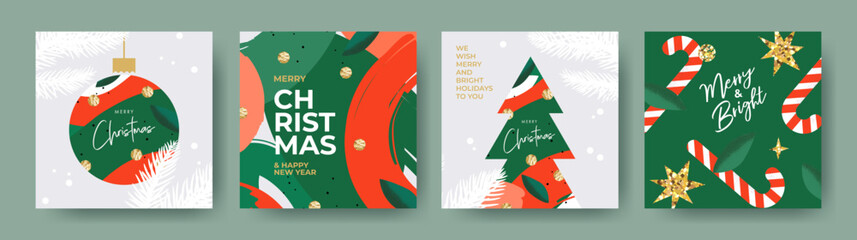 Wall Mural - merry christmas and happy new year greeting card set. modern xmas design with typography, beautiful 
