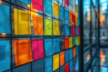 Poster - A colorful wall with many different colored sticky notes on it