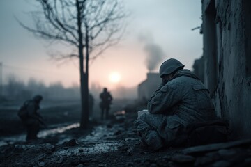 Soldiers in Combat Gear Resting in a War-Torn Landscape at Dawn with Smoke in the Background