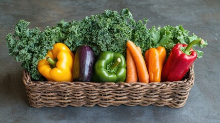 A rustic basket packed with colorful veggies like bell peppers, carrots, and kale, symbolizing health and freshness.