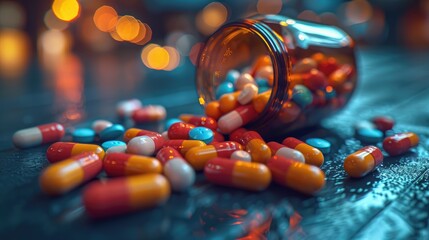 healthcare top down image of an opened orange pill bottle with colourful medicine prescription pills on a table. Prescription tablets and heath supplements for mental and physical wellnes