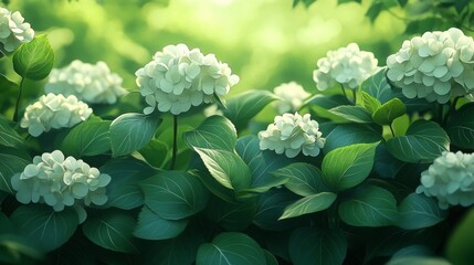 Leafy vessels of greenery and hydrangea on background.