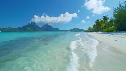 Sticker - The bora bora coastline covered with snow-white sand