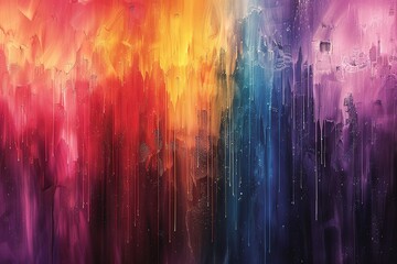Poster - A colorful painting of a cityscape with buildings and a rainbow