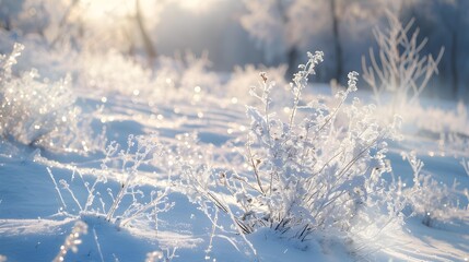 Poster - Snowy meadow with rare bushes and trees covered