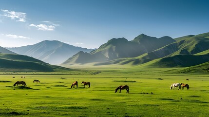 Sticker - A green meadow surrounded by hills picture