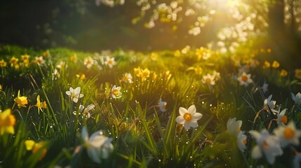 Sticker - A meadow with blooming crocuses and daffodils