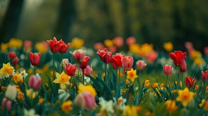 Poster - Spring flower meadows covered with bright tulips