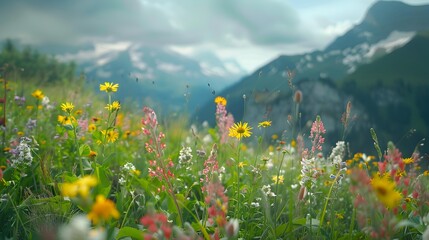 Wall Mural - The meadows of switzerland covered with flowering plants