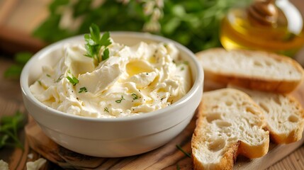 Wall Mural - Mascarpone in a white bowl served with slices