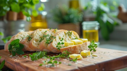 Wall Mural - Butter on a wooden board cut into pieces