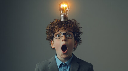 Inventive young boy with light bulb hat and surprised expression