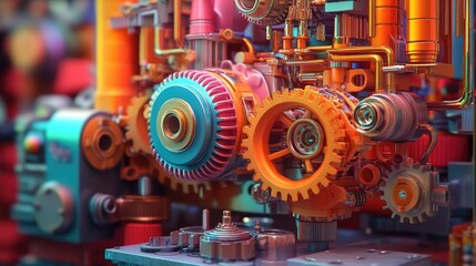 Poster - 3D multicolored engine gears in a small abstract scene, showcasing a playful blend of hues and mechanical elements in a surreal, visually striking setting