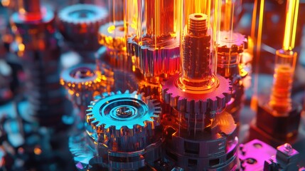 Poster - 3D multicolored engine gears in a small abstract scene, showcasing a playful blend of hues and mechanical elements in a surreal, visually striking setting
