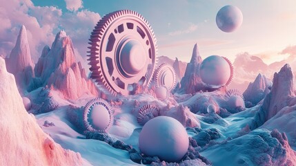 Fototapete - 3D pastel engine gears blend into surreal mountain landscapes with geometric spheres and strange shapes, crafting an abstract, magical space beyond reality.