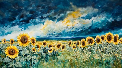 Sticker - Sunflowers in a Field with Dramatic Stormy Skies