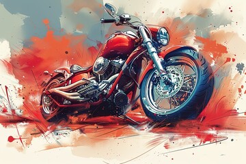 Poster - A red motorcycle is the main focus of the image