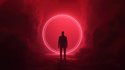 A mysterious silhouette stands in a red-lit corridor, surrounded by soft fog and illuminated by a glowing circle.