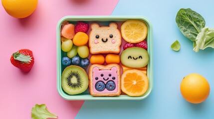 Poster - A cute boxed lunch for school with food art, featuring adorable character-shaped sandwiches, fruits, and veggies. The meal is arranged on a bright, solid color background, captured from a top view.