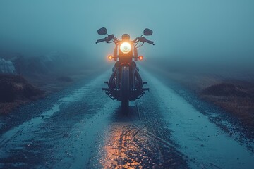 Wall Mural - A motorbike's headlight illuminating a foggy road at twilight , free space for text --ar 3:2 --stylize 750 --v 6 Job ID: 3810f75c-69dc-4cbb-a070-3ba40f58a668