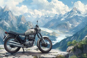 Sticker - An illustration of a hand-drawn motorbike parked at a scenic overlook with a panoramic view of the  