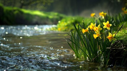 Canvas Print - Yellow daffodils growing next to a river whose