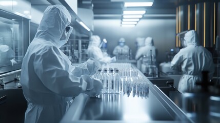 Poster - Workers in sterile suits carefully arrange filled bottles along a clean production line in a modern facility