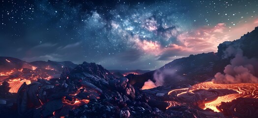 Canvas Print - Night volcanic crater under a starry sky illuminated