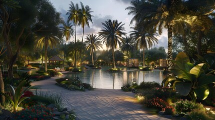 Wall Mural - A picturesque oasis with tall palm trees spreading